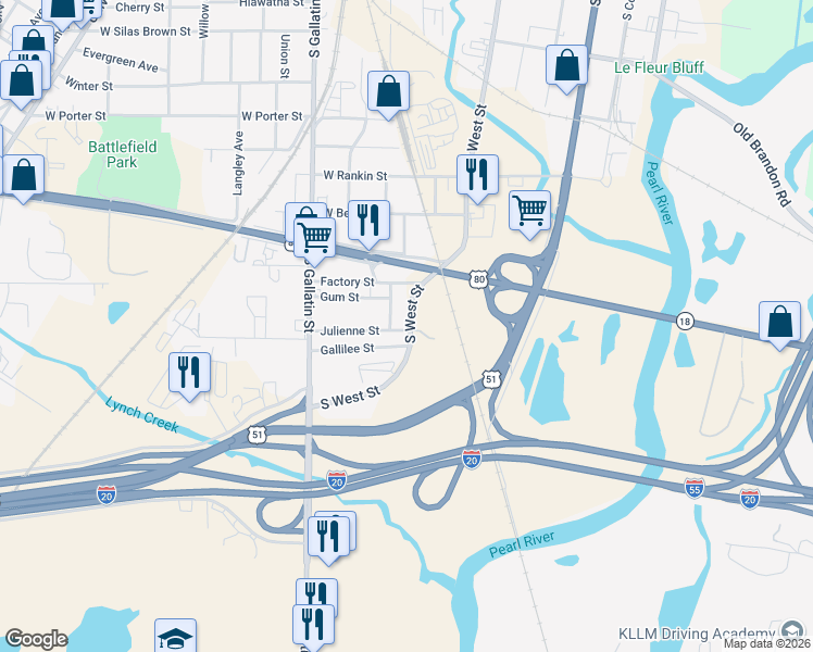 map of restaurants, bars, coffee shops, grocery stores, and more near 541 Julienne Street in Jackson