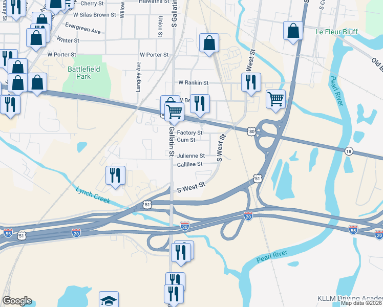 map of restaurants, bars, coffee shops, grocery stores, and more near 322 Julienne Street in Jackson