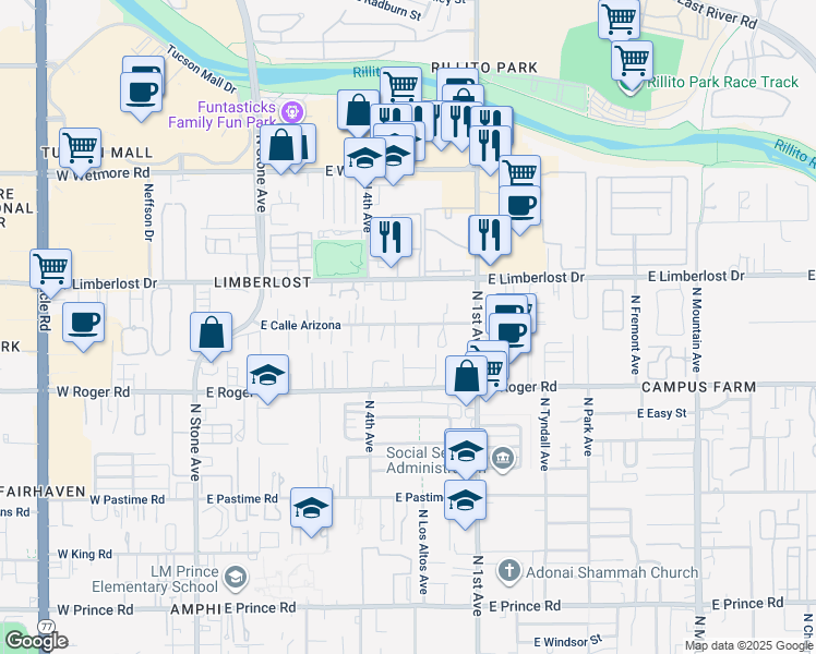 map of restaurants, bars, coffee shops, grocery stores, and more near 512 East Calle Arizona in Tucson