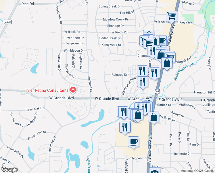 map of restaurants, bars, coffee shops, grocery stores, and more near 6255-6299 Spring Creek Drive in Tyler