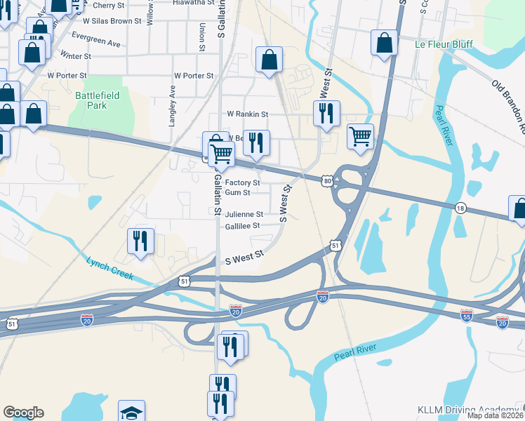 map of restaurants, bars, coffee shops, grocery stores, and more near 214 Julienne Street in Jackson