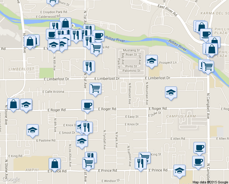 map of restaurants, bars, coffee shops, grocery stores, and more near 4162 North Fortune Loop in Tucson