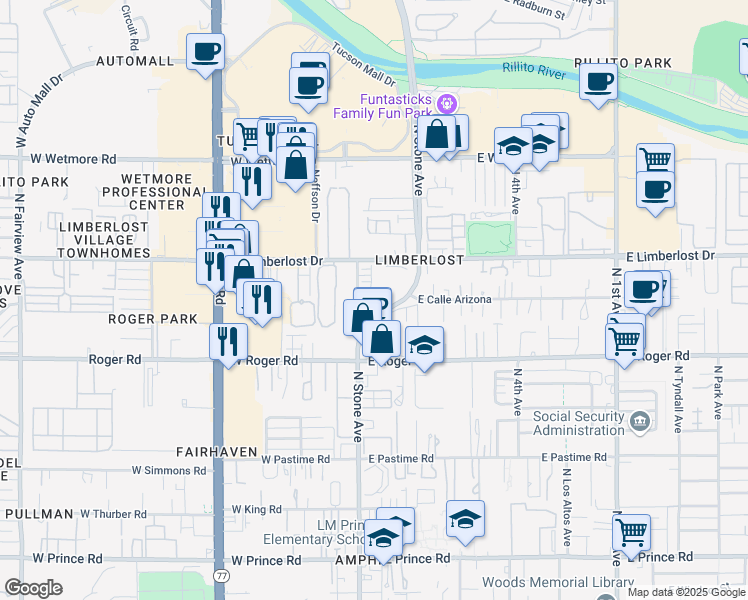 map of restaurants, bars, coffee shops, grocery stores, and more near 4116 North Thurston Lane in Tucson