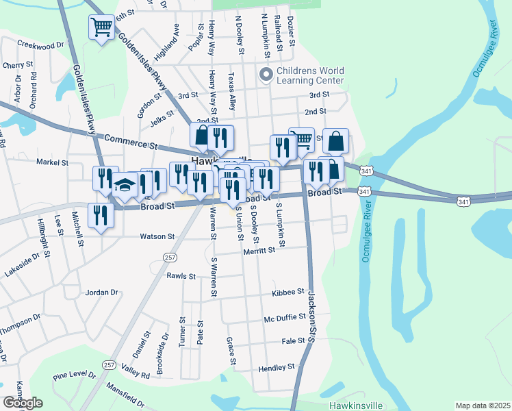 map of restaurants, bars, coffee shops, grocery stores, and more near 125 Broad Street in Hawkinsville