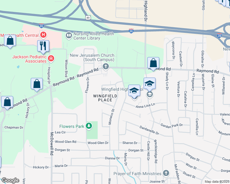 map of restaurants, bars, coffee shops, grocery stores, and more near 2035 Monaco St in Jackson