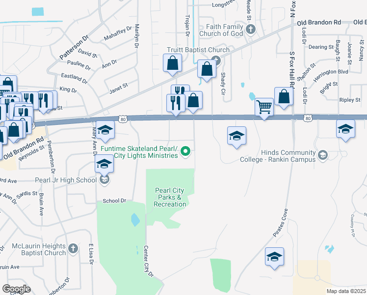 map of restaurants, bars, coffee shops, grocery stores, and more near 3535 U.S. 80 in Pearl