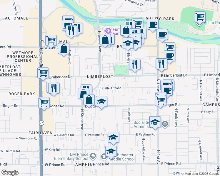 map of restaurants, bars, coffee shops, grocery stores, and more near 255 East Calle Arizona in Tucson