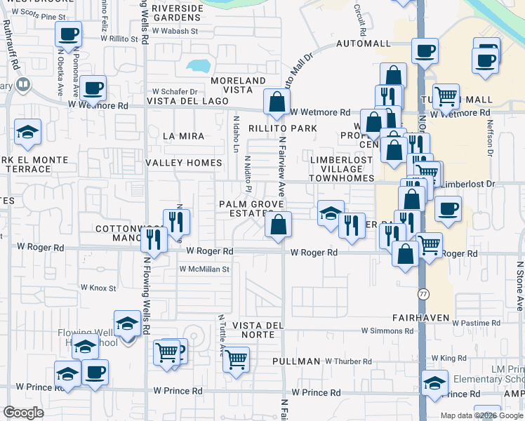 map of restaurants, bars, coffee shops, grocery stores, and more near 4118 North Palm Grove Drive in Tucson