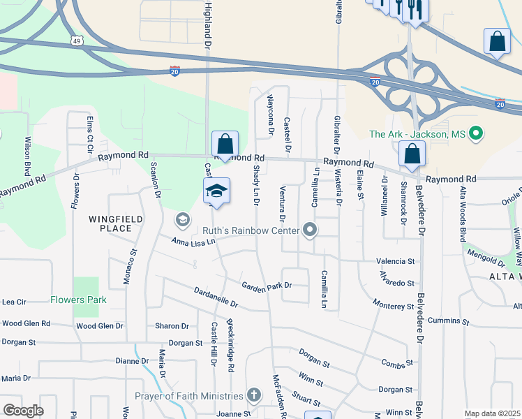 map of restaurants, bars, coffee shops, grocery stores, and more near 1914 Shady Lane Drive in Jackson