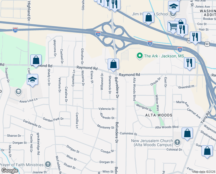 map of restaurants, bars, coffee shops, grocery stores, and more near 1860 Shamrock Drive in Jackson