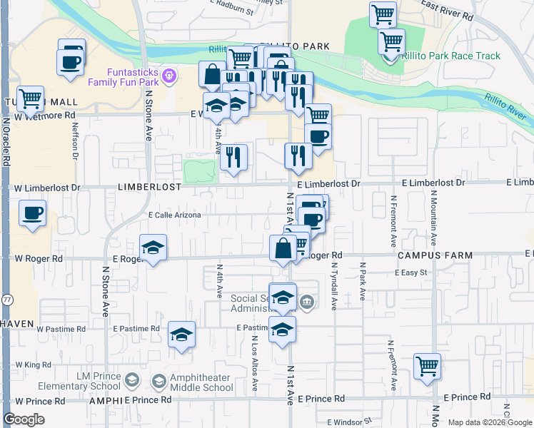 map of restaurants, bars, coffee shops, grocery stores, and more near 604 Calle Arizona East in Tucson