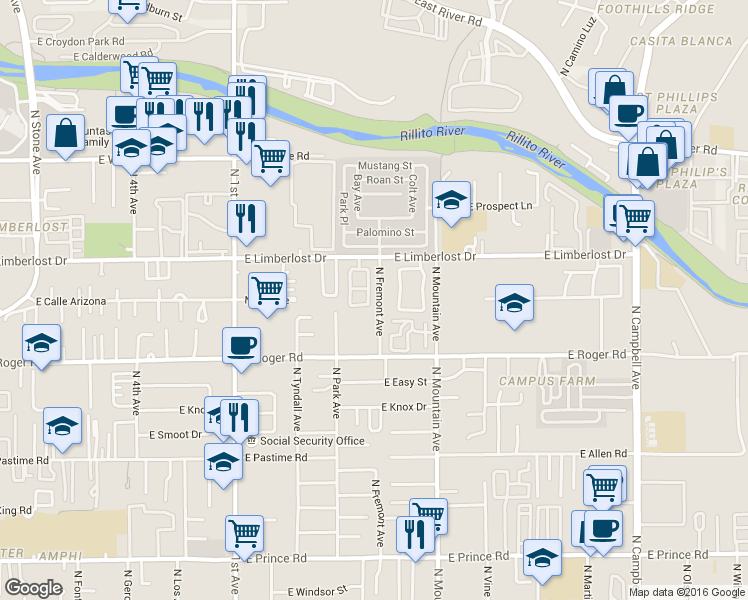 map of restaurants, bars, coffee shops, grocery stores, and more near 4067 N Fremont Ave in Tucson