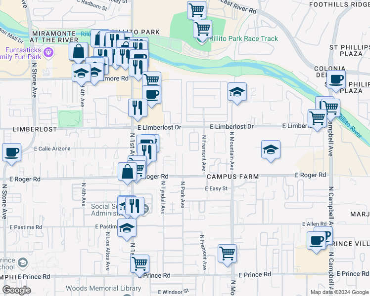 map of restaurants, bars, coffee shops, grocery stores, and more near 4162 North Fortune Loop in Tucson