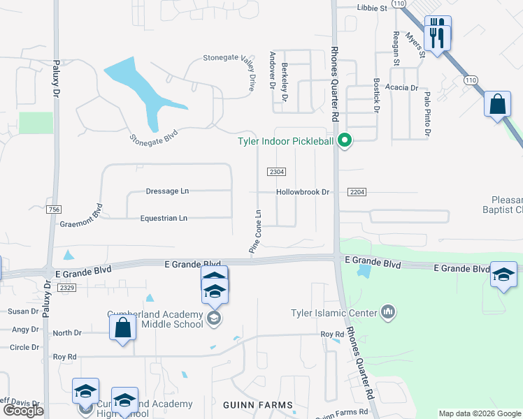 map of restaurants, bars, coffee shops, grocery stores, and more near 6148 Pine Cone Lane in Tyler