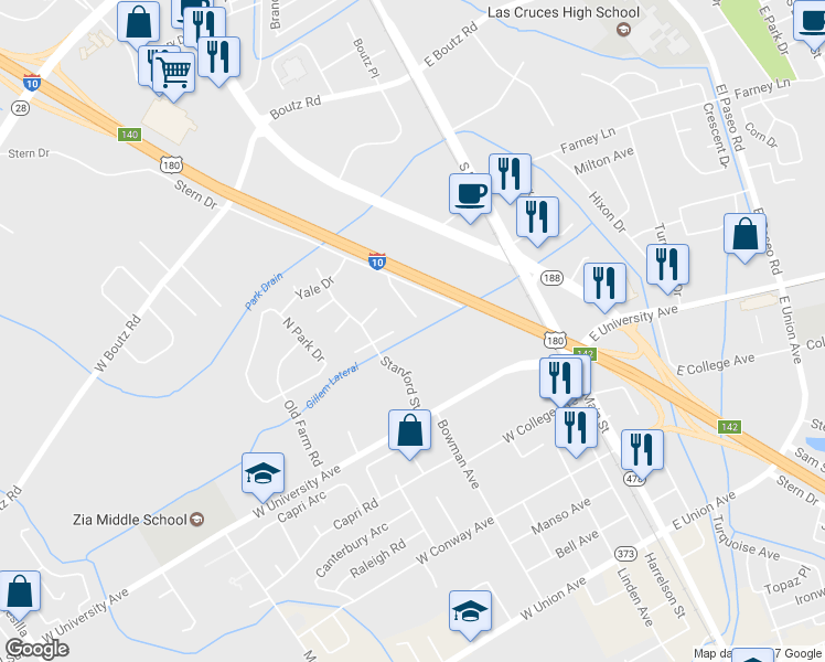 map of restaurants, bars, coffee shops, grocery stores, and more near 409 Dartmouth Ave in Las Cruces