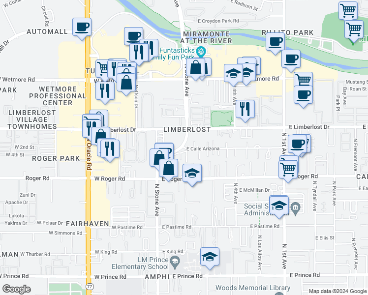 map of restaurants, bars, coffee shops, grocery stores, and more near in Tucson