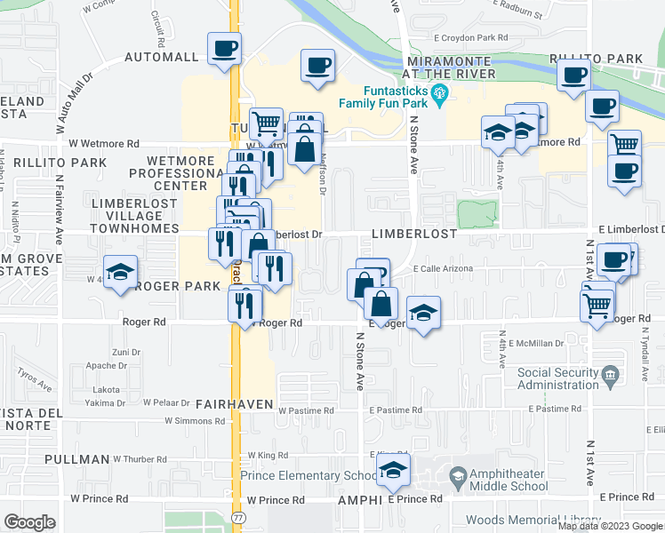 map of restaurants, bars, coffee shops, grocery stores, and more near 103 West Limberlost Drive in Tucson