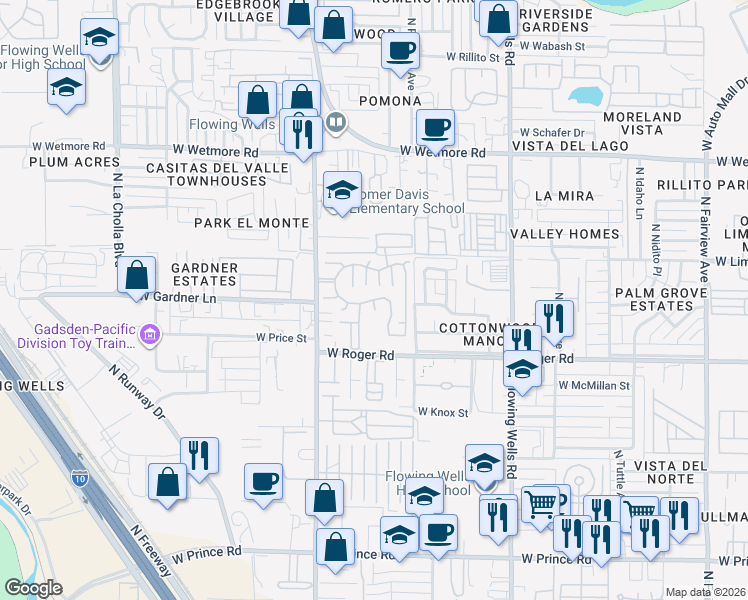 map of restaurants, bars, coffee shops, grocery stores, and more near Carefree Circle in Tucson