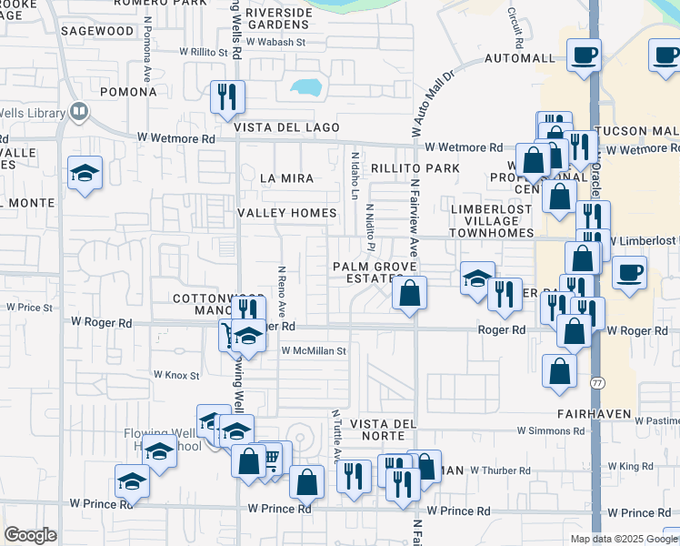 map of restaurants, bars, coffee shops, grocery stores, and more near 4132 North Nidito Place in Tucson