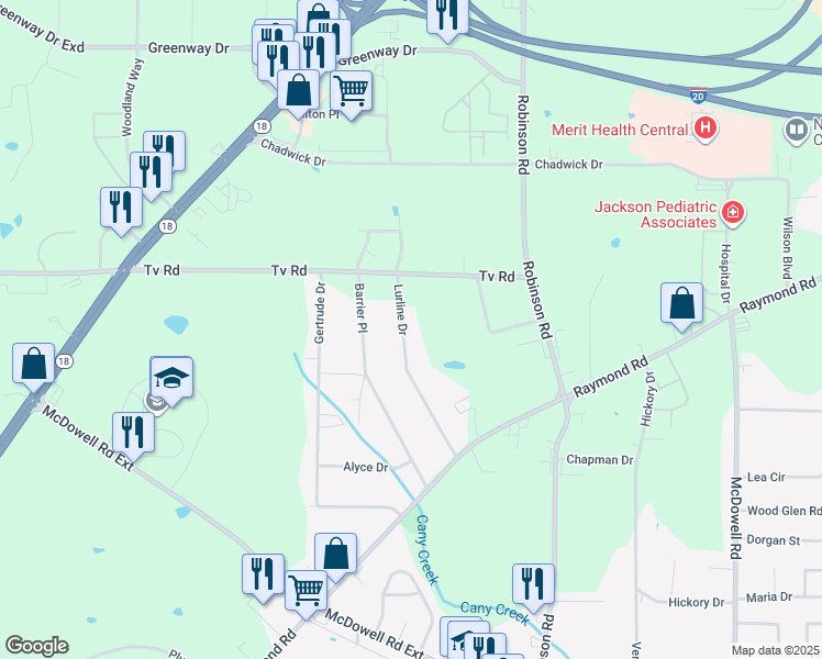 map of restaurants, bars, coffee shops, grocery stores, and more near 5042 Lurline Drive in Jackson