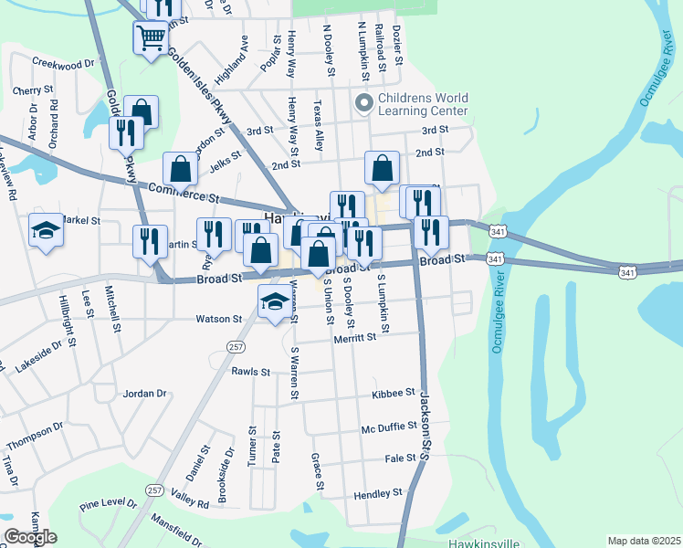map of restaurants, bars, coffee shops, grocery stores, and more near 125 Broad Street in Hawkinsville