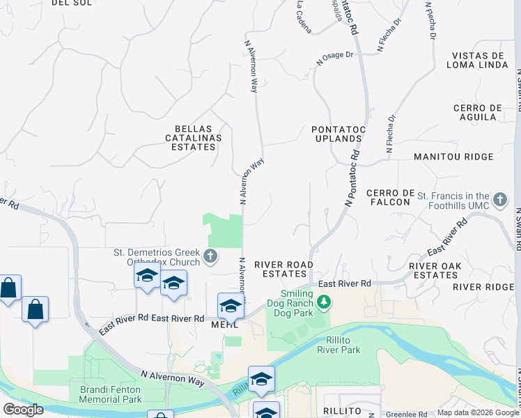 map of restaurants, bars, coffee shops, grocery stores, and more near 3961 East San Simeon Drive in Tucson