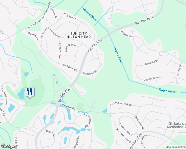 map of restaurants, bars, coffee shops, grocery stores, and more near 2 Caleb Court in Bluffton