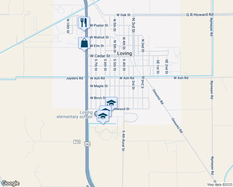 map of restaurants, bars, coffee shops, grocery stores, and more near 412 South 5th Street in Loving