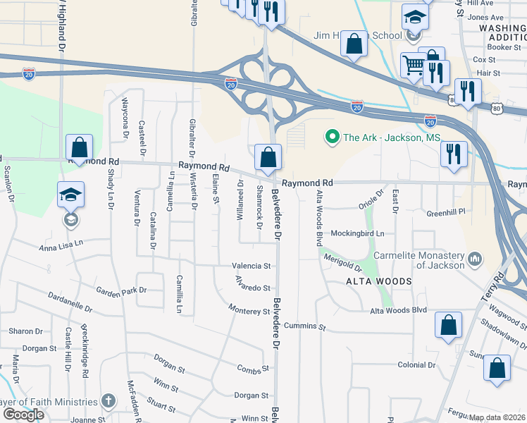 map of restaurants, bars, coffee shops, grocery stores, and more near 1860 Shamrock Drive in Jackson