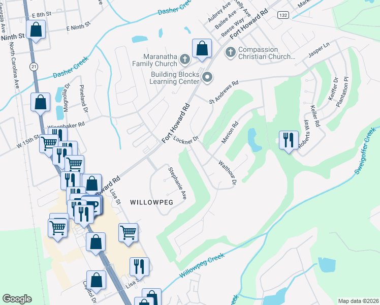 map of restaurants, bars, coffee shops, grocery stores, and more near 204 Walthour Drive in Rincon