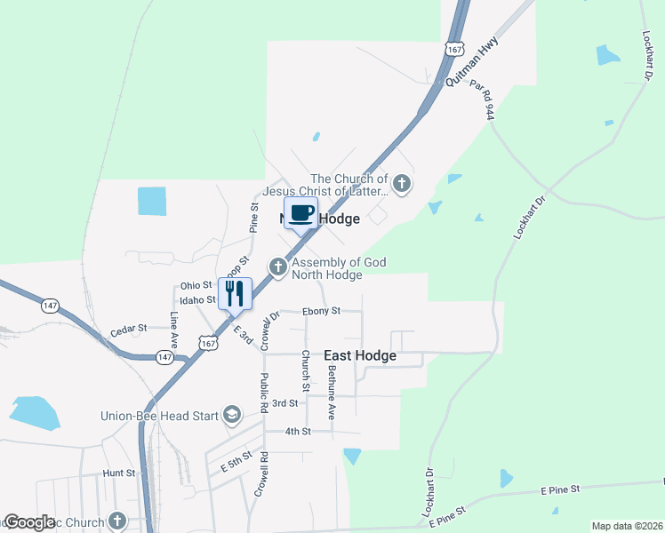 map of restaurants, bars, coffee shops, grocery stores, and more near 5387 Quitman Highway in Quitman