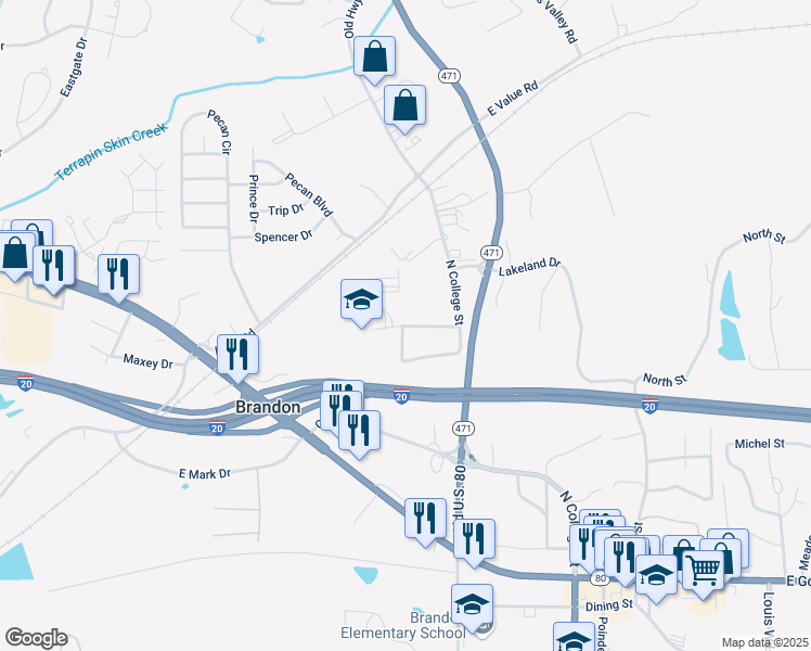 map of restaurants, bars, coffee shops, grocery stores, and more near 200 School Road in Brandon