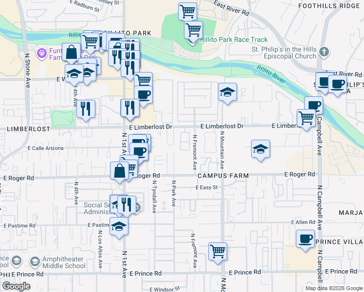 map of restaurants, bars, coffee shops, grocery stores, and more near 4162 North Fortune Loop in Tucson