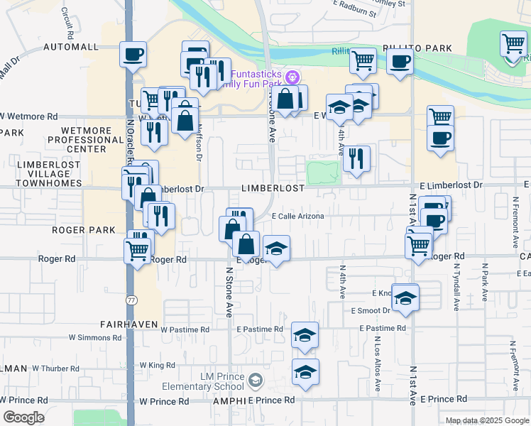 map of restaurants, bars, coffee shops, grocery stores, and more near N Stone Ave & Calle Arizona E in Tucson