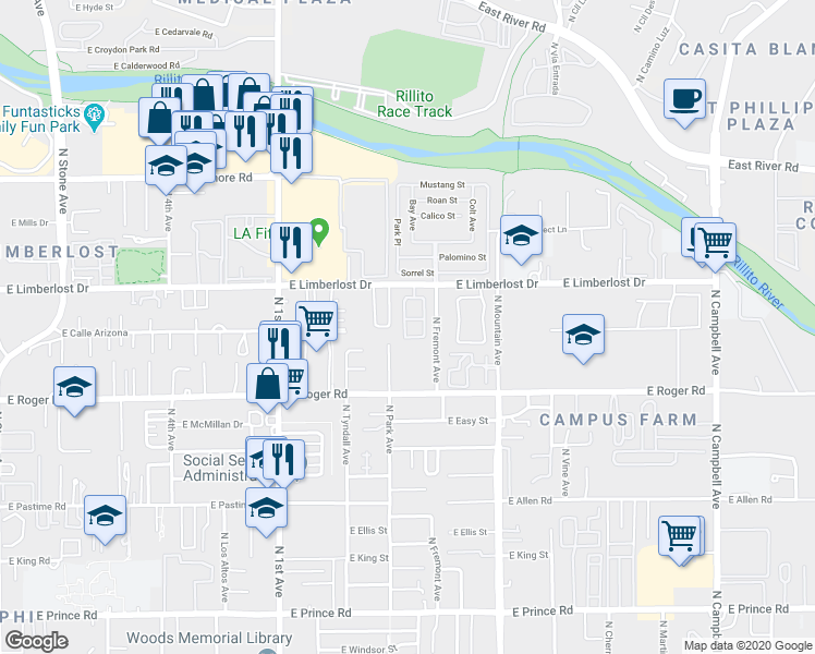 map of restaurants, bars, coffee shops, grocery stores, and more near 4162 North Fortune Loop in Tucson
