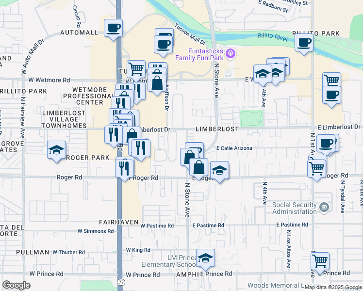 map of restaurants, bars, coffee shops, grocery stores, and more near 103 West Limberlost Drive in Tucson
