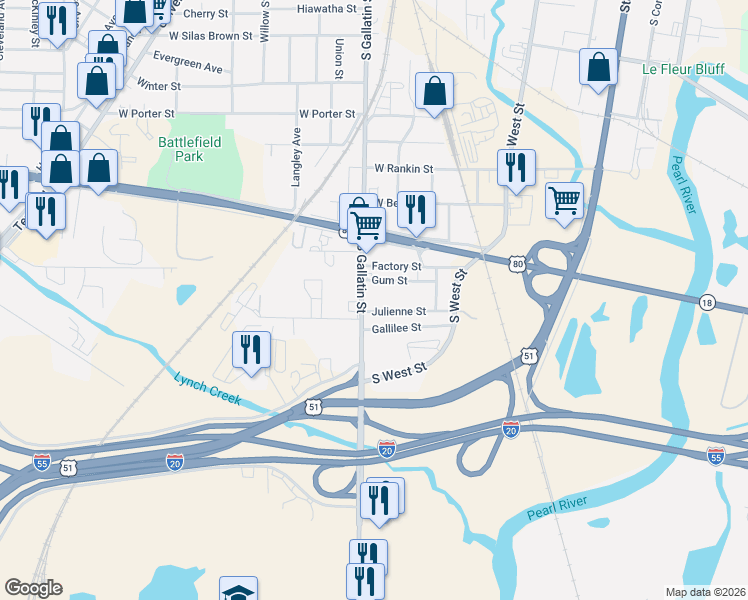 map of restaurants, bars, coffee shops, grocery stores, and more near 322 Julienne Street in Jackson