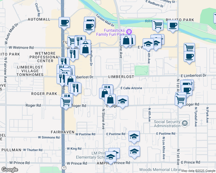 map of restaurants, bars, coffee shops, grocery stores, and more near 4116 North Thurston Lane in Tucson