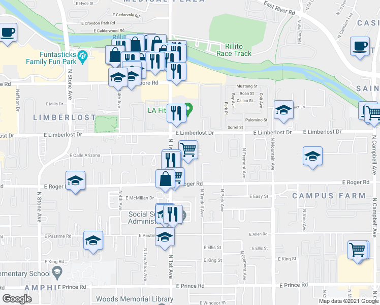 map of restaurants, bars, coffee shops, grocery stores, and more near 4130 North 1st Avenue in Tucson