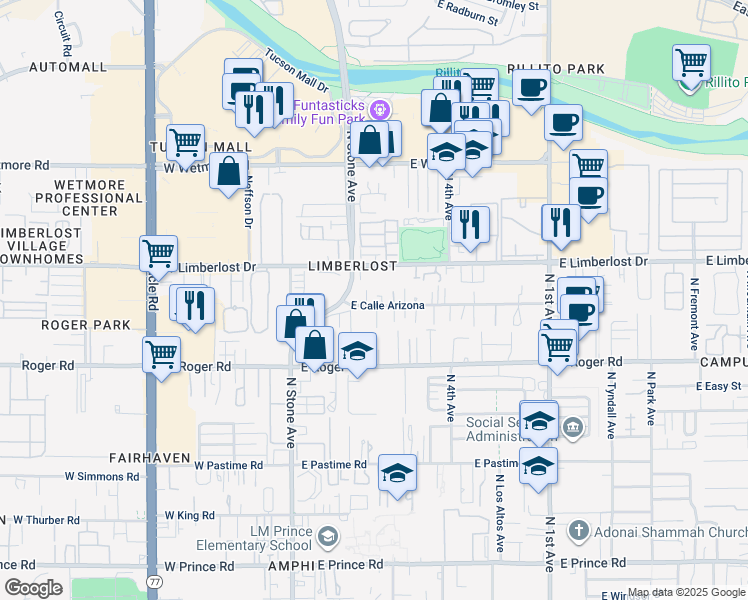 map of restaurants, bars, coffee shops, grocery stores, and more near 231 East Calle Arizona in Tucson