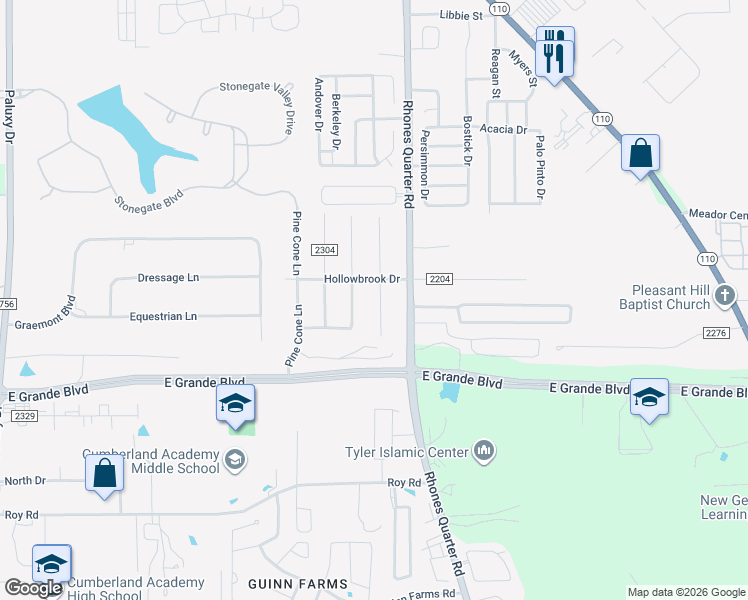 map of restaurants, bars, coffee shops, grocery stores, and more near 6137 Springbrook Drive in Tyler