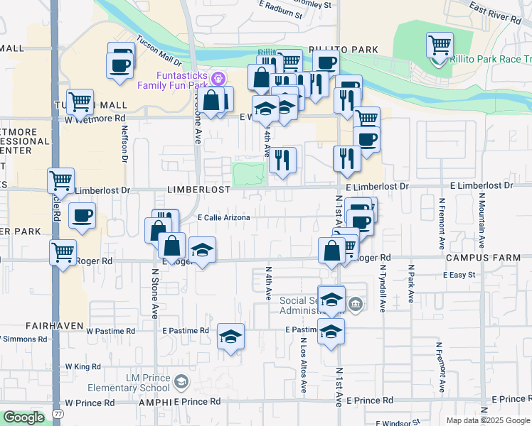 map of restaurants, bars, coffee shops, grocery stores, and more near 371 East Calle Arizona in Tucson