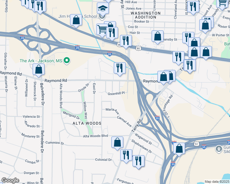 map of restaurants, bars, coffee shops, grocery stores, and more near 866 Medical Plaza in Jackson