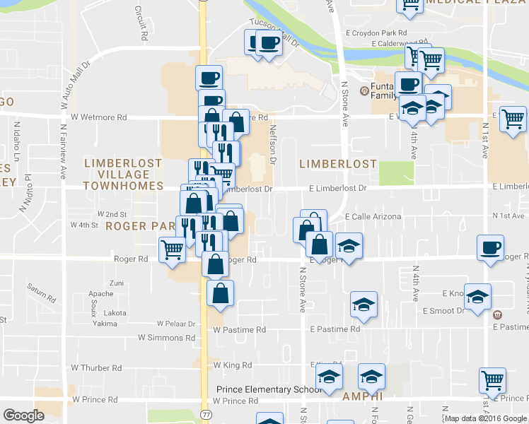 map of restaurants, bars, coffee shops, grocery stores, and more near 4140 North Western Winds Drive in Tucson
