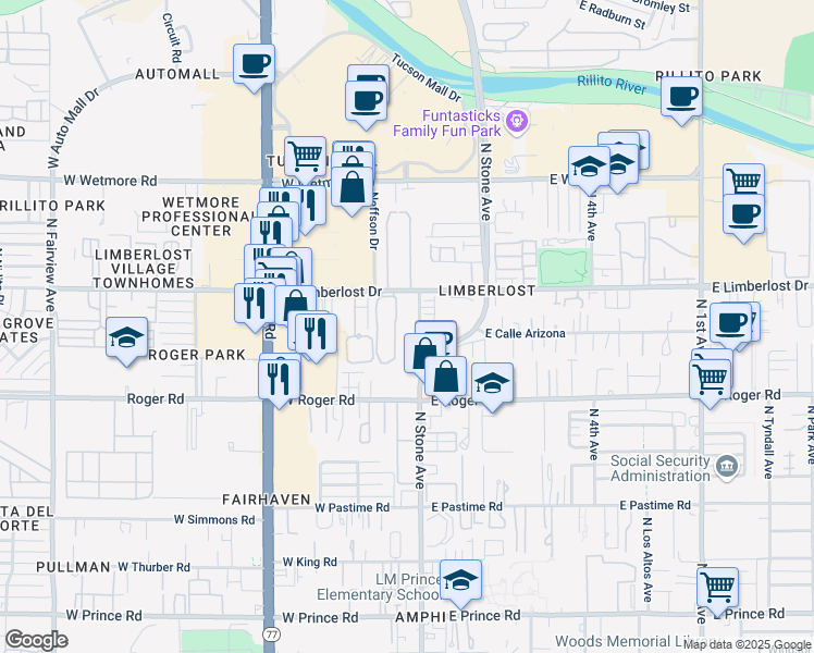 map of restaurants, bars, coffee shops, grocery stores, and more near 103 West Limberlost Drive in Tucson