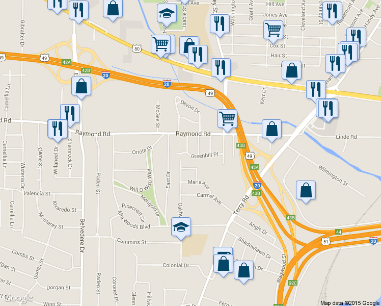 map of restaurants, bars, coffee shops, grocery stores, and more near 370 Greenhill Place in Jackson