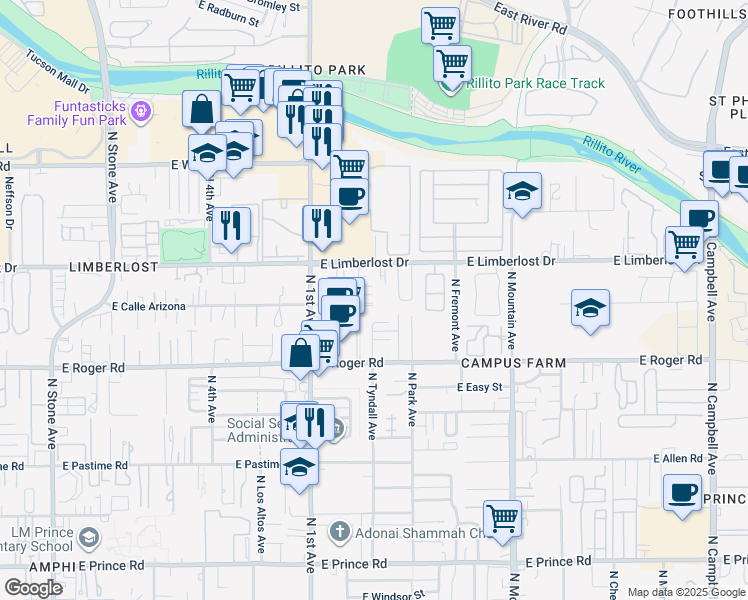 map of restaurants, bars, coffee shops, grocery stores, and more near 891 East Meadow Lane in Tucson