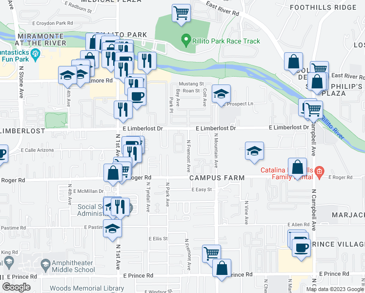 map of restaurants, bars, coffee shops, grocery stores, and more near 4067 North Fremont Avenue in Tucson