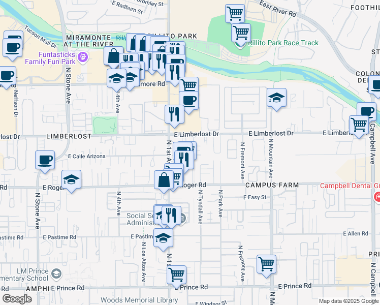 map of restaurants, bars, coffee shops, grocery stores, and more near 4130 North 1st Avenue in Tucson
