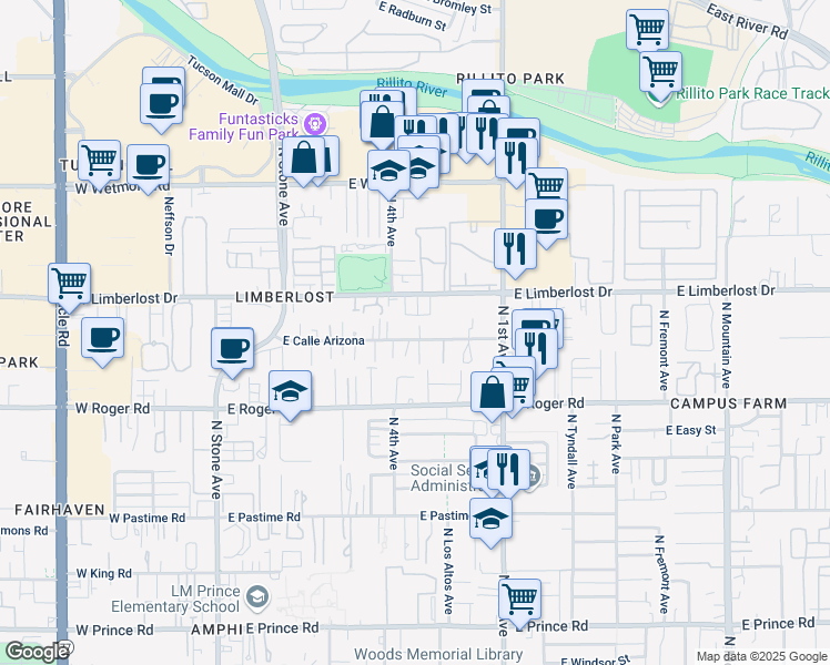 map of restaurants, bars, coffee shops, grocery stores, and more near 512 East Calle Arizona in Tucson